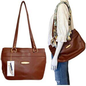Deadstock Vintage 90s Brown Leather Shoulder Bag Classic Tote Preppy Large Work